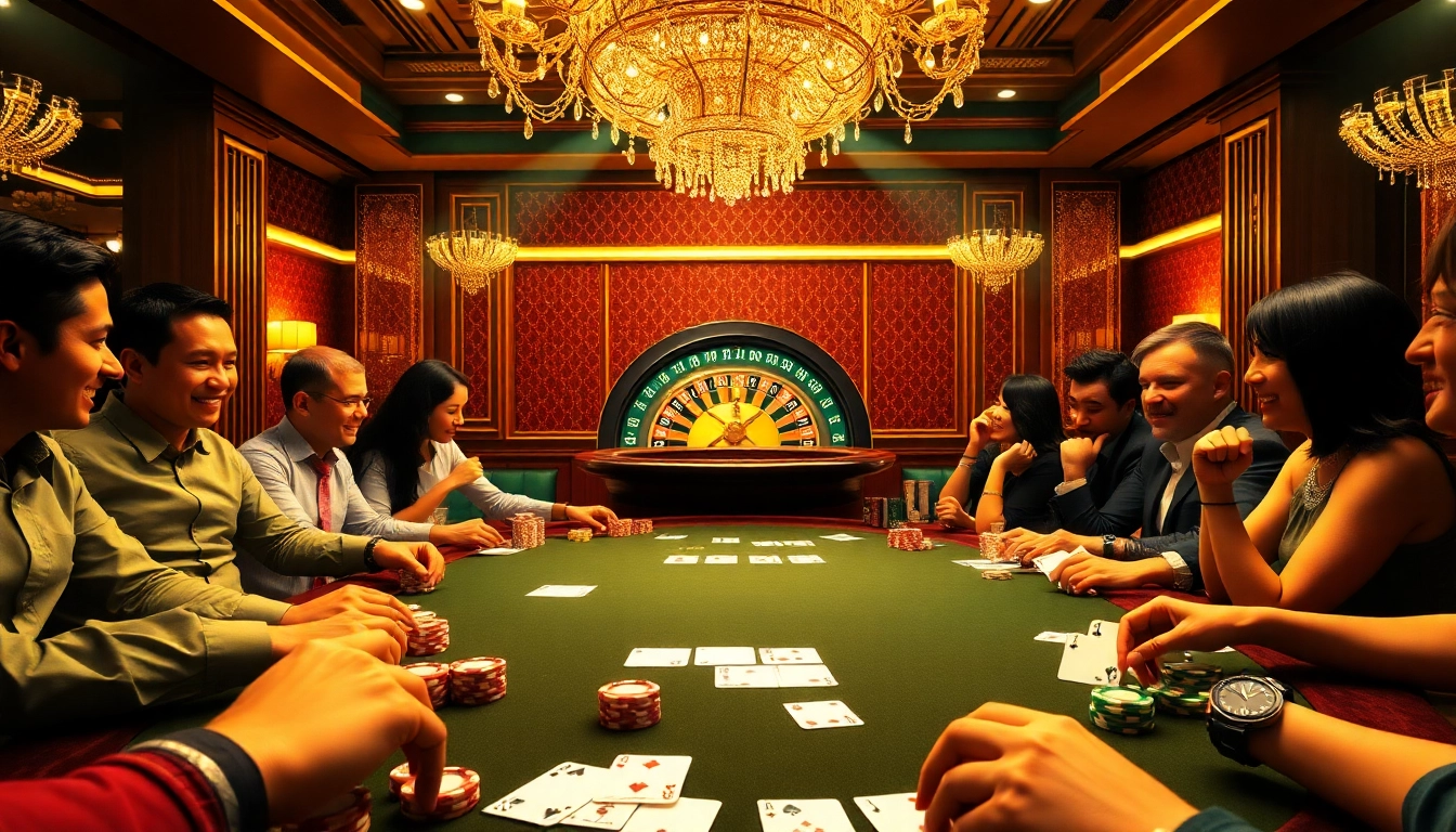 Experience nk88’s vibrant poker game atmosphere with colorful chips and excited players.