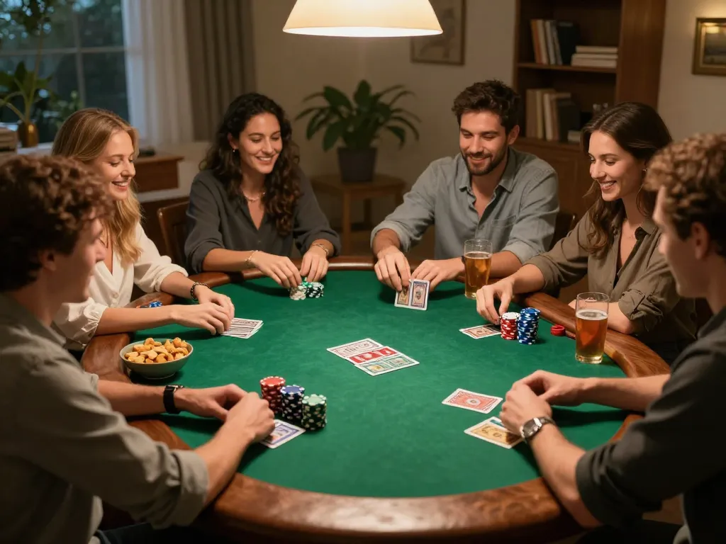 KONG88 players strategizing at a home poker night with chips and cards in lively atmosphere.