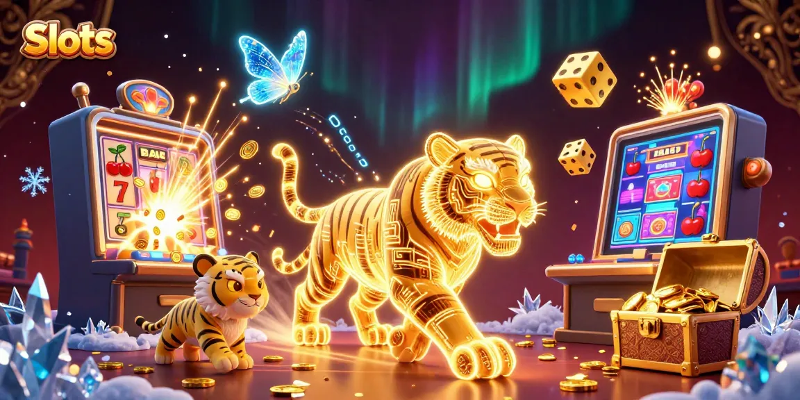 Slots scene featuring a neon tiger and jackpot elements bursting with coins and vibrant symbols.