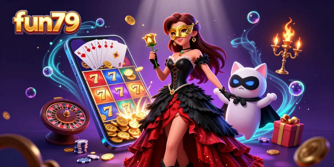 Experience fun79's thrilling gaming with a stunning woman in a glamorous setting and dynamic slot elements.