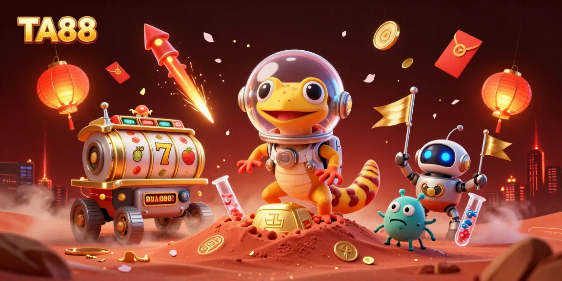 TA88 Martian gecko finds gold at a vibrant cosmic casino filled with slot reels and lucky symbols