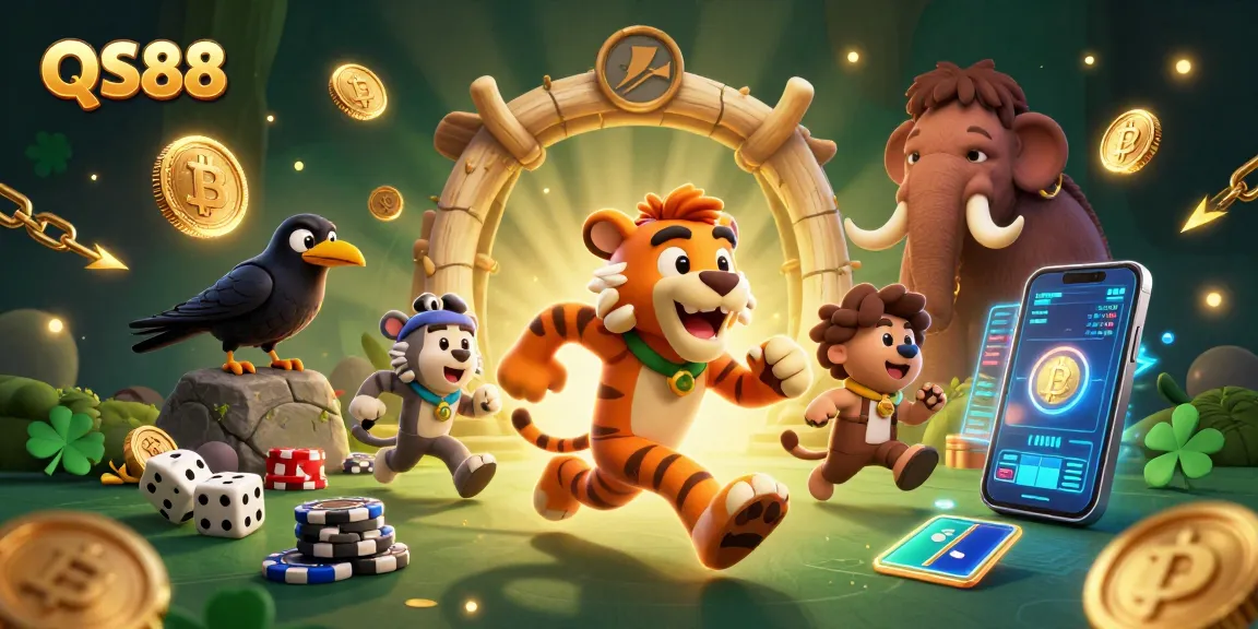 QS88 players enjoying thrilling moments at a prehistoric casino with unique elements and colorful details.