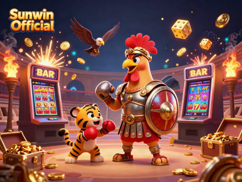 Experience thrilling gameplay with Sunwin Official featuring a vibrant 3D casino scene filled with slot machines, golden coins, and dynamic characters.