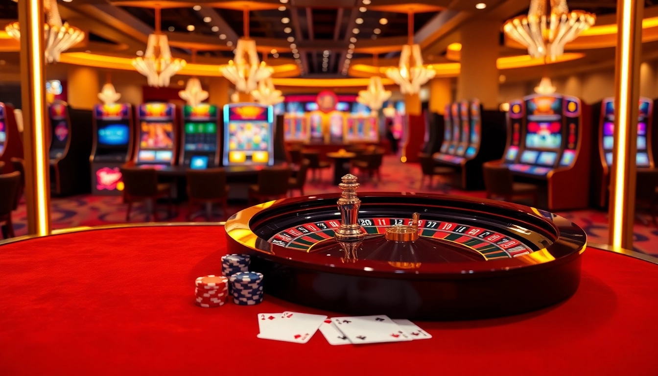Exciting casino atmosphere showcasing nhà cái GO99 with roulette, cards, and poker chips.