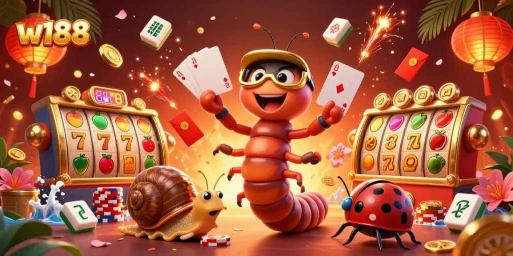 Experience thrilling gameplay at w188 with a vibrant 3D illustration of a millipede dealer and high-roller snail during an exciting slot game.