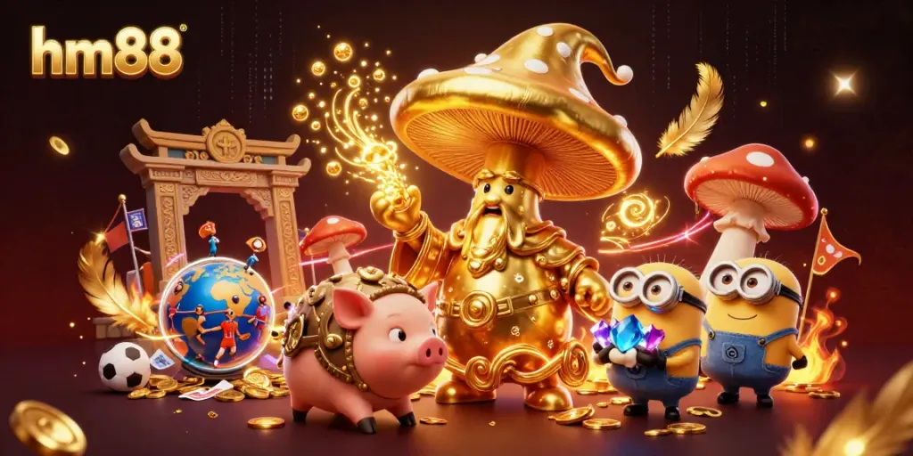Join the excitement at hm88 with 3D wizard characters casting gold spells amidst sports betting action.