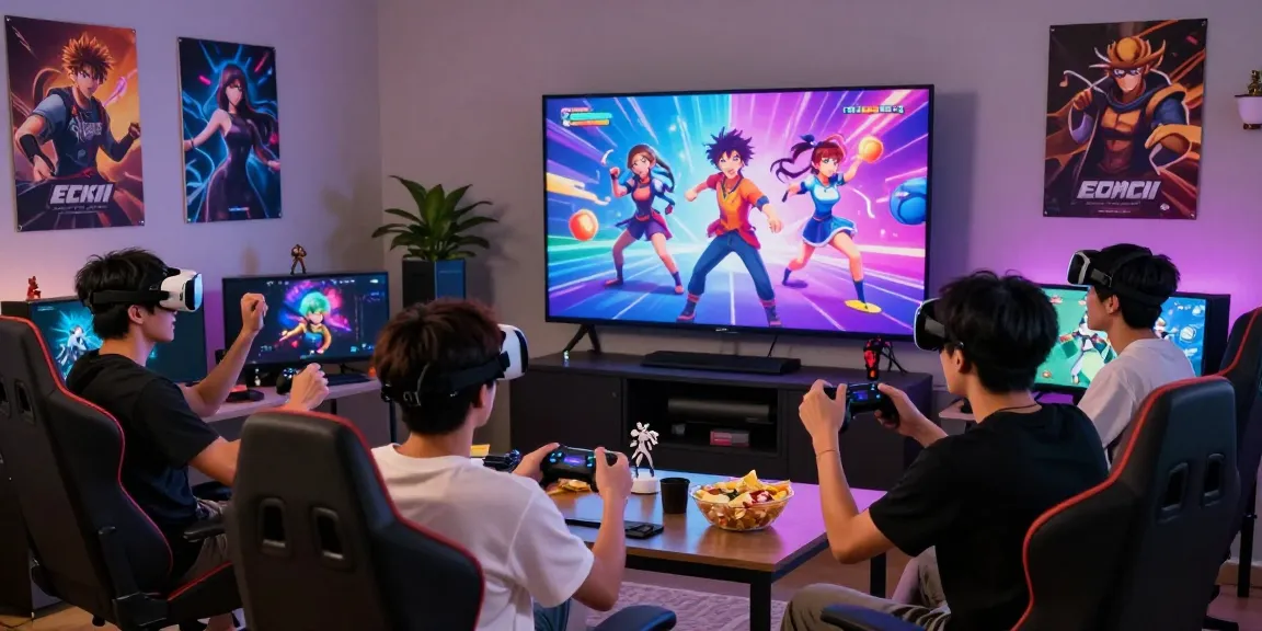 Friends enjoying an ecchi game together in a cozy gaming room, showcasing gameplay excitement and interaction.