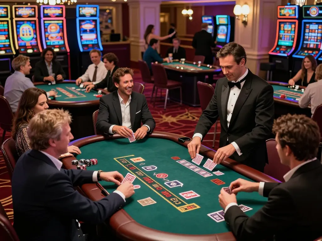 Experience high-stakes excitement while ดูหนังออนไลน์ฟรี at an upscale blackjack table with enthusiastic players.