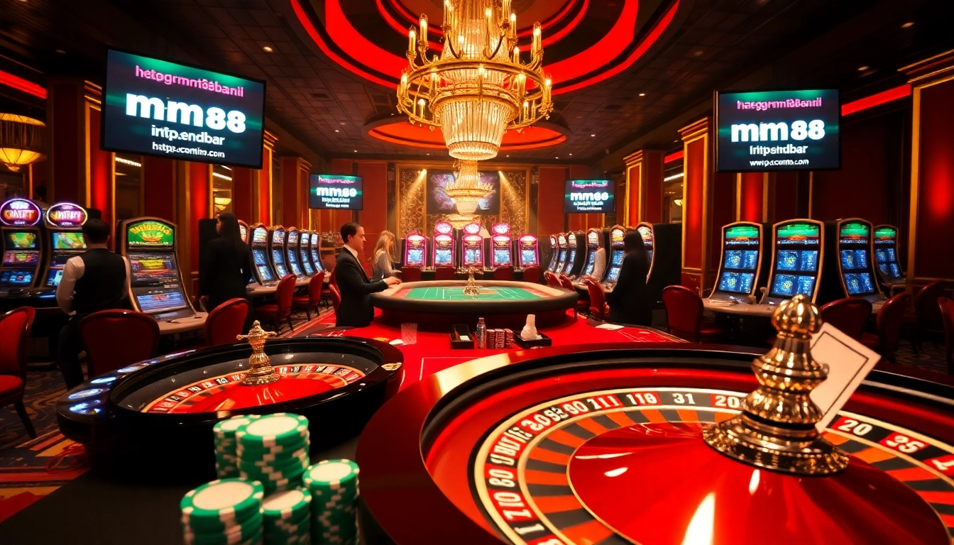 Betting action at MM88.bar casino featuring roulette wheels and excited players.