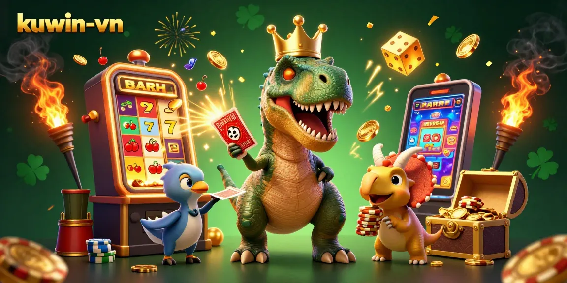 Engage with kuwin-vn through exciting casino gameplay with T-Rex card shuffler and treasure explosions.