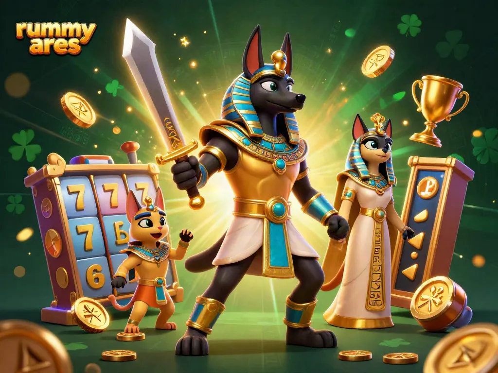 Experience the excitement of Rummy Ares with ancient Egyptian warriors surrounded by vibrant slot game elements.