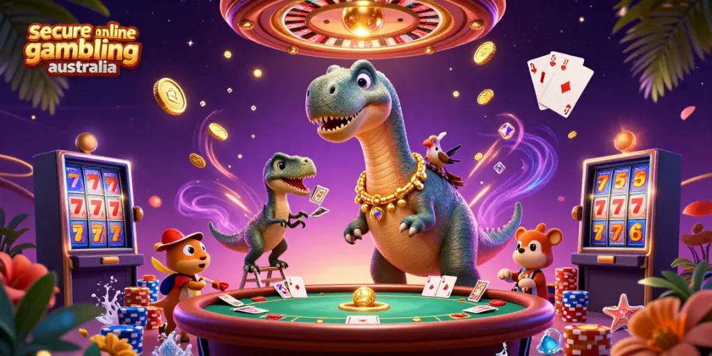 Secure online gambling Australia scene with cartoon dinosaurs and vibrant casino elements