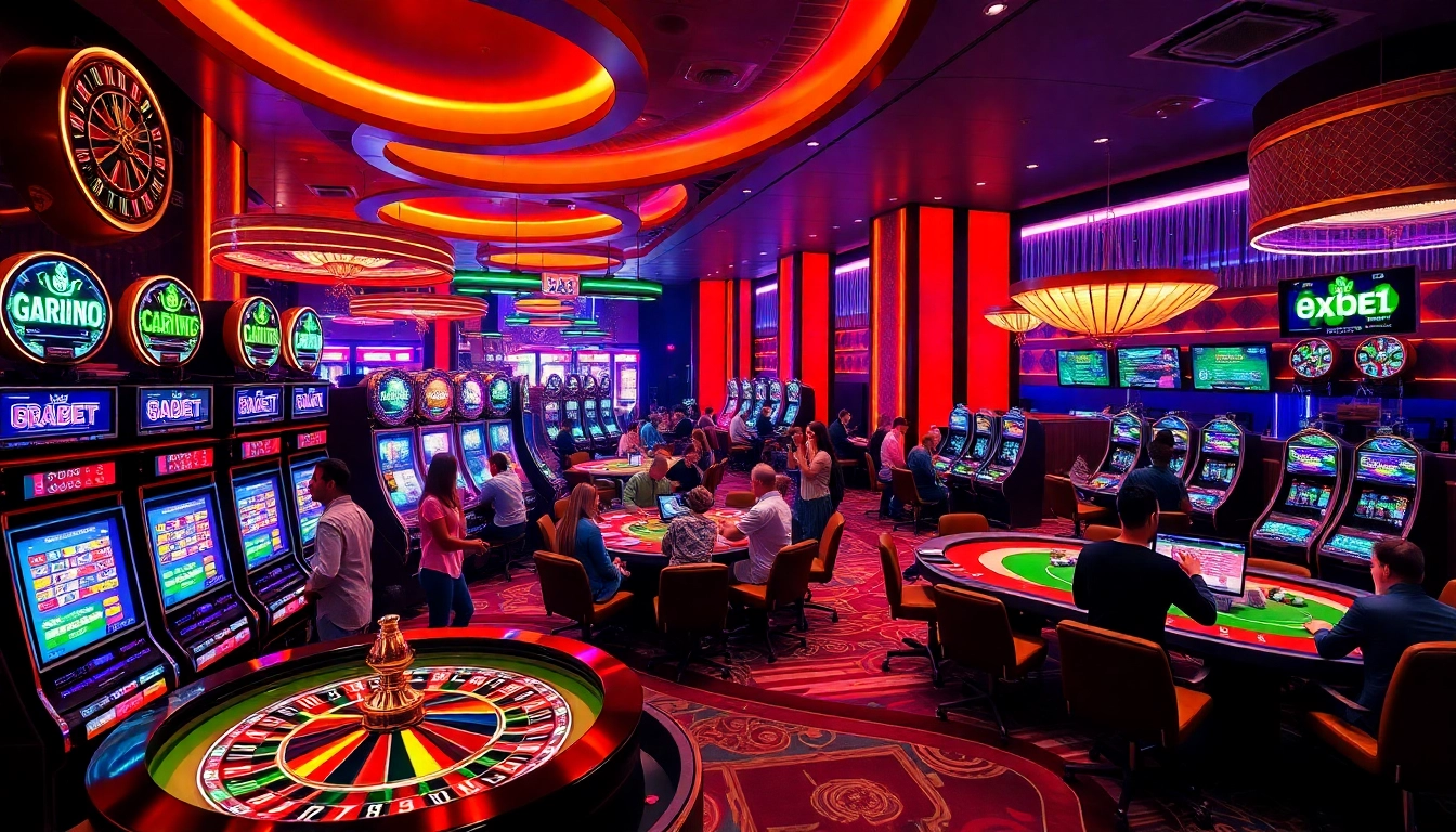 Exciting casino scene bustling with players enjoying 8Xbet games, featuring vibrant slot machines and a roulette wheel.