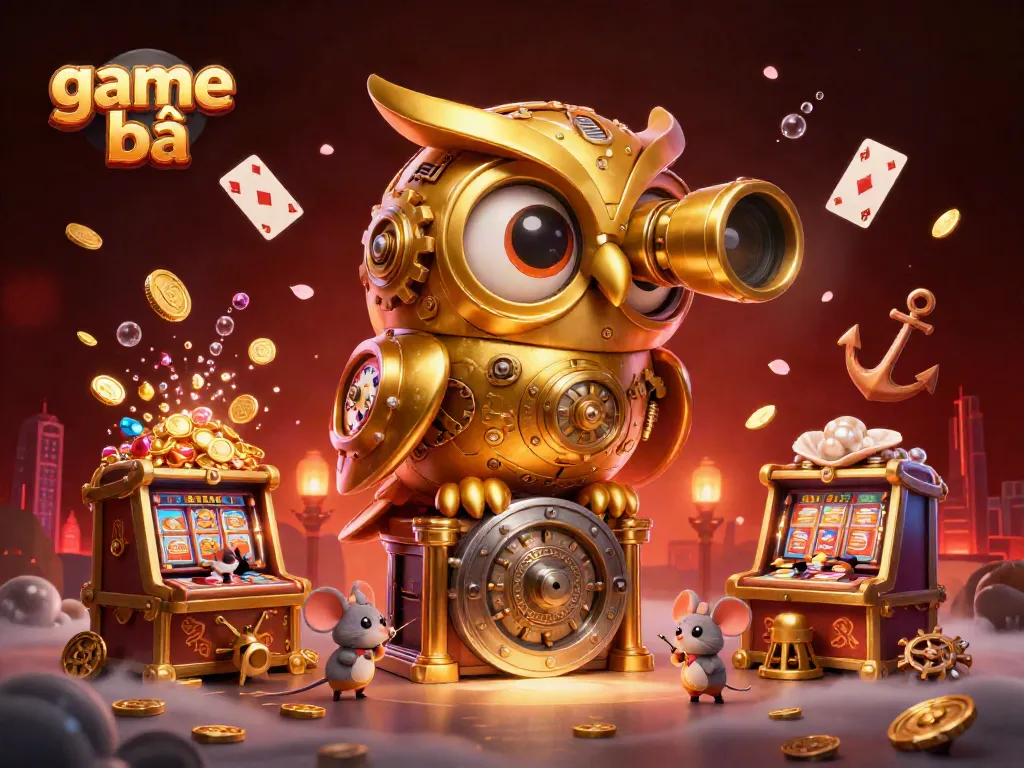 Experience game bài action with giant clockwork owl and tiny mice in a vibrant casino setting.