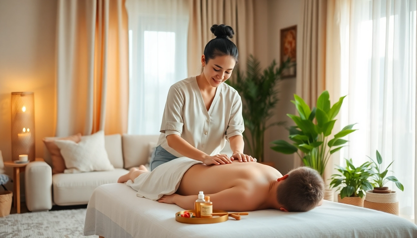 Inviting scene of a 평택출장마사지 session with a Thai therapist in a cozy living room.