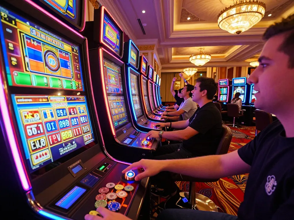 Engaging in situs slot gameplay at a vibrant casino, players captivated by colorful machines and dynamic atmosphere.