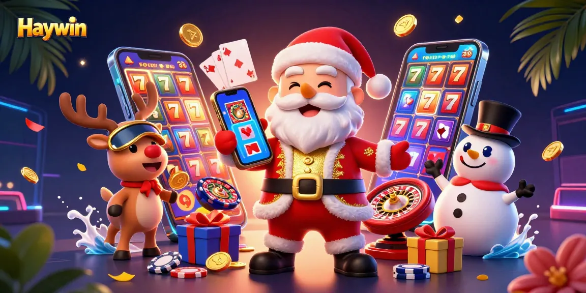 Haywin showcases a vibrant casino scene with Santa, a reindeer dealer, and a snowman amidst game elements.