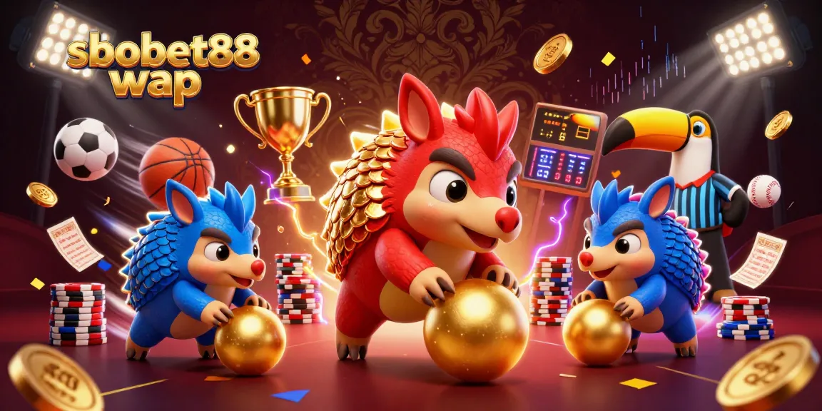 Engage with sbobet88 wap in dynamic sports betting action featuring competitive pangolins, flying sports balls, and vibrant casino elements.