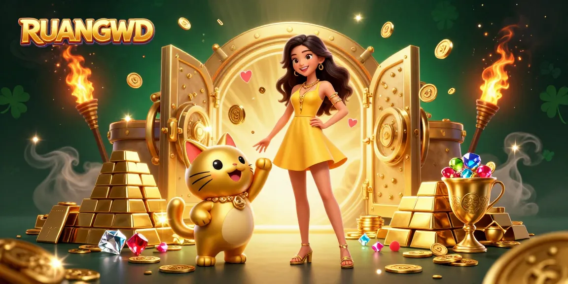Engage with RUANGWD at this vibrant casino scene with a cheerful Asian woman and lucky cat.