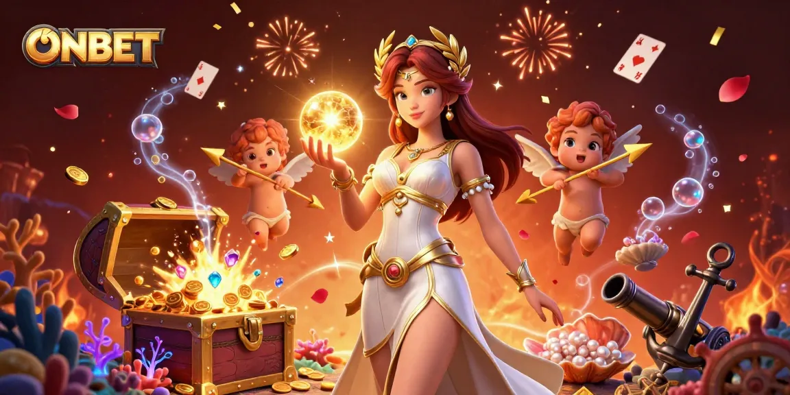 Experience the excitement of ONBET with a goddess and cherubs in a casino-themed 3D illustration.