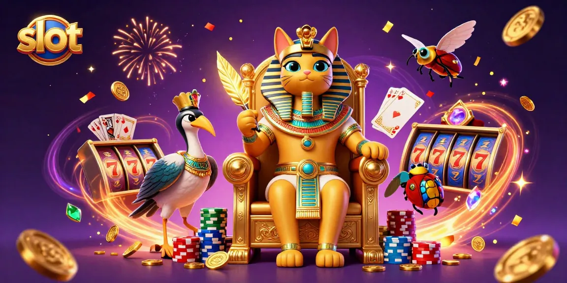 Experience thrilling slot machine action with a vibrant cat pharaoh and colorful casino elements