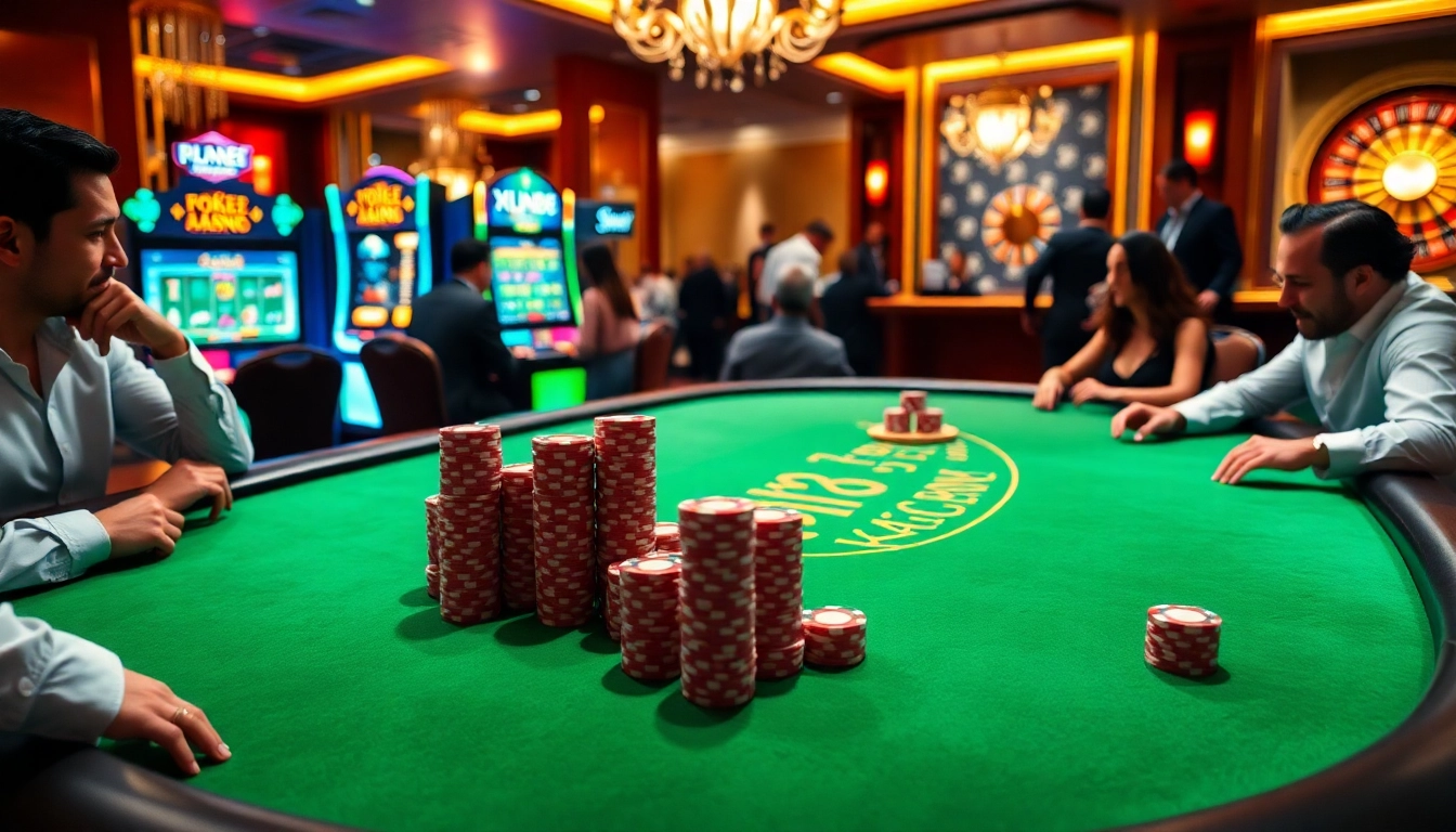 Exciting casino atmosphere with poker games at xin88, showcasing a luxurious gaming experience.