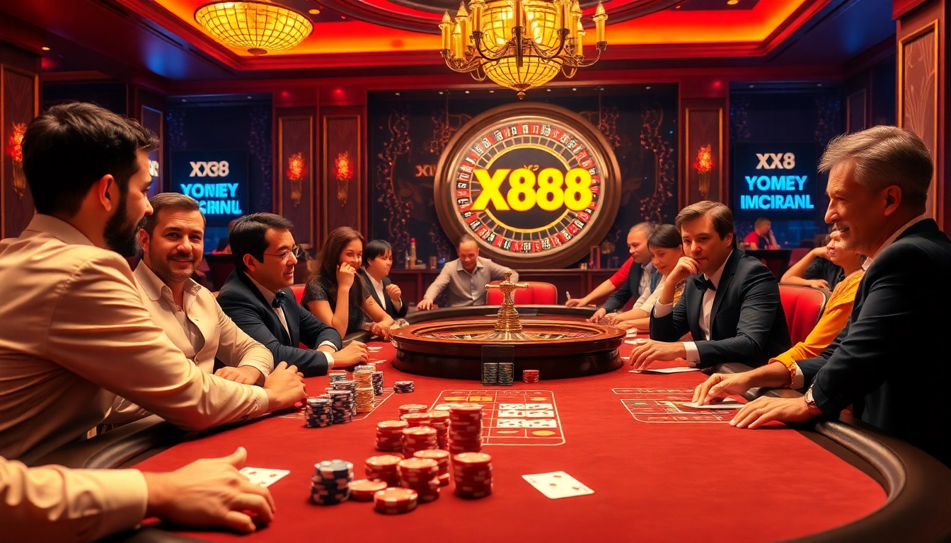 Players enjoying a thrilling game at the XX88 casino table, featuring vibrant chips and cards.