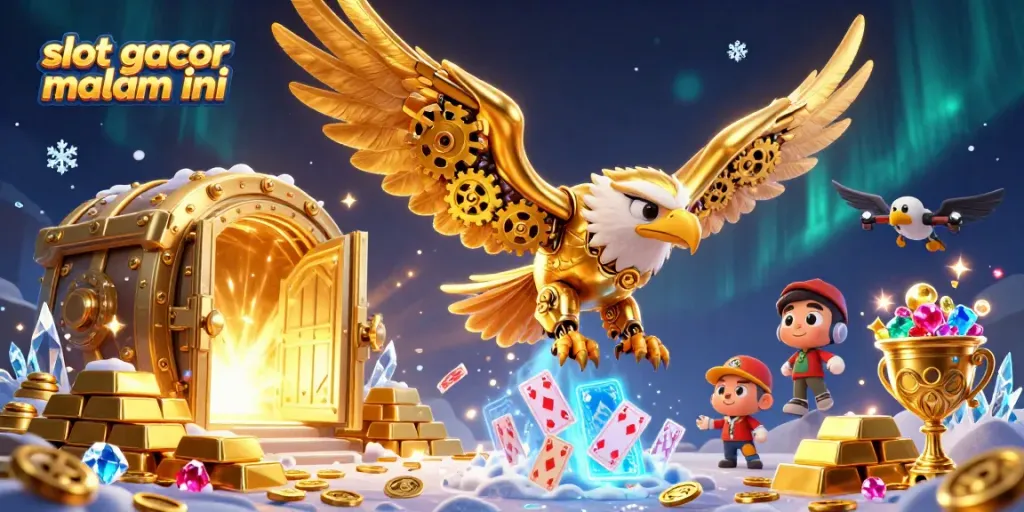 Menangkan bermain slot gacor malam ini dan nikmati harta karun emas dalam ilustrasi kasino penuh warna.