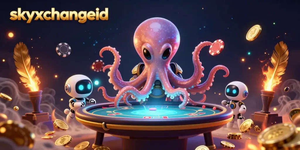 Engage with the skyxchangeid platform featuring an alien octopus at a virtual poker table with vibrant casino elements.