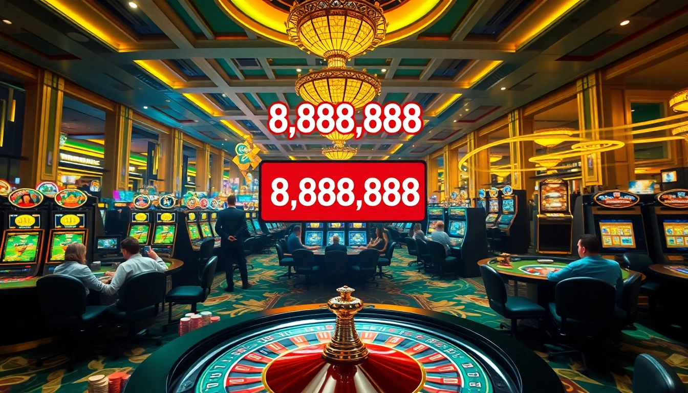 A thrilling casino scene with slots and tables at https://www.6slots8.com/, inviting excitement for gamblers.
