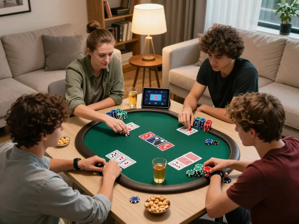 Friends enjoying a fun poker night with Fun88 app on tablet in a cozy living room.