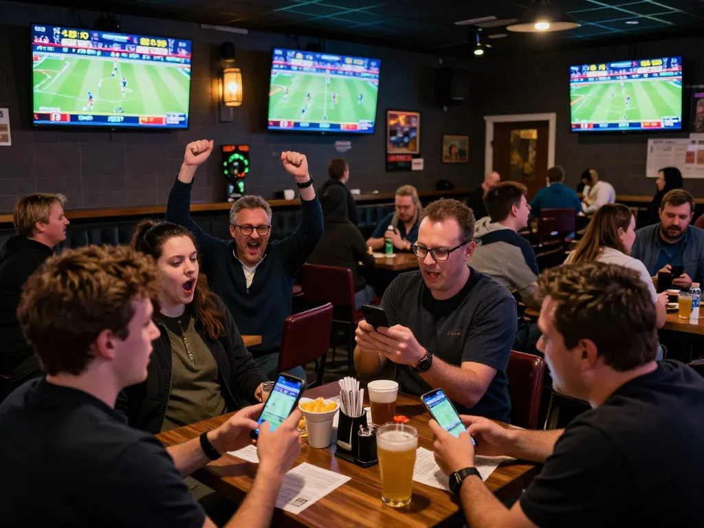 Sports enthusiasts placing bets on cm 88 at a lively bar filled with live game action.