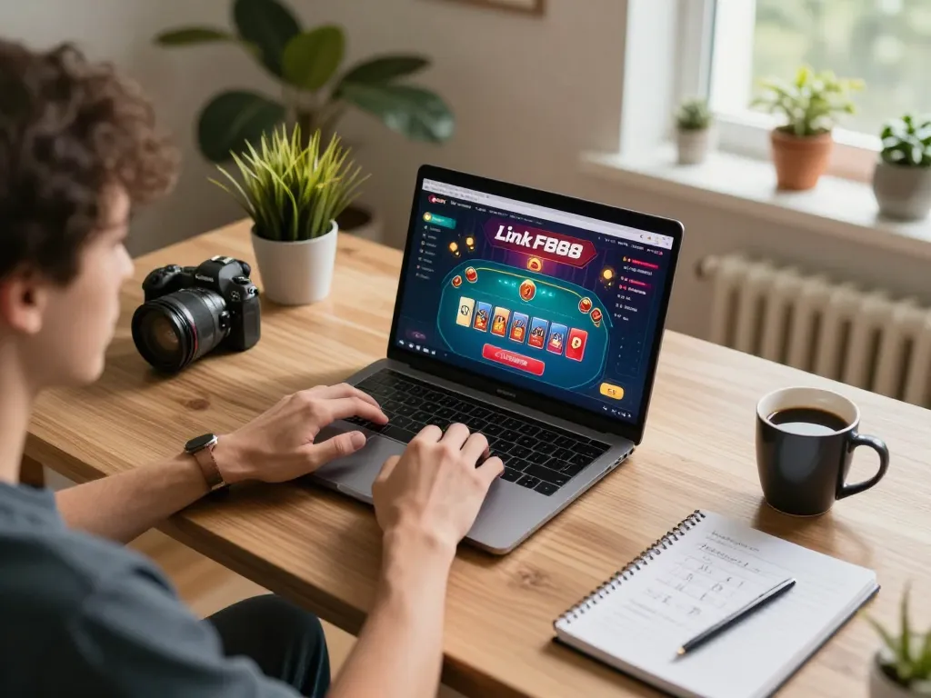 Engaging with Link FB88 on a laptop during an online poker game, showcasing a warm home office environment.