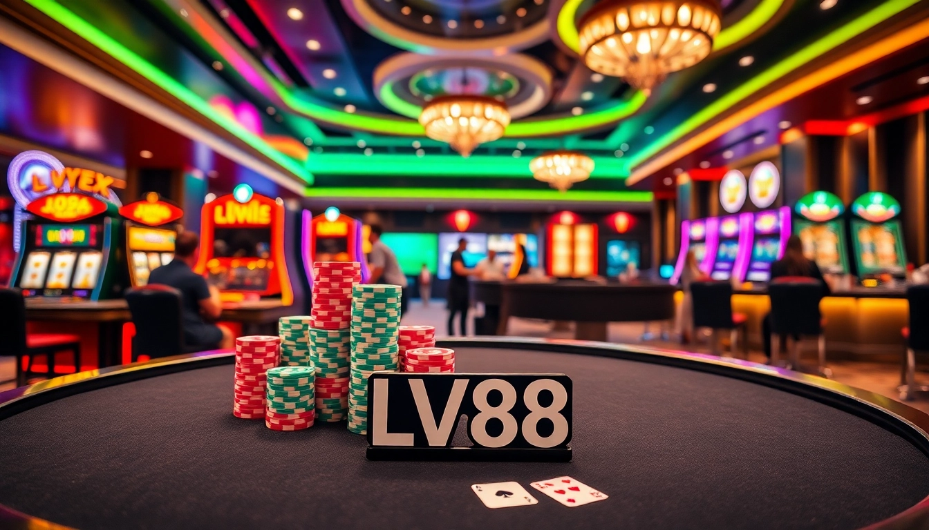 Players engaging in high-stakes poker at LV88, showcasing vibrant casino thrills.