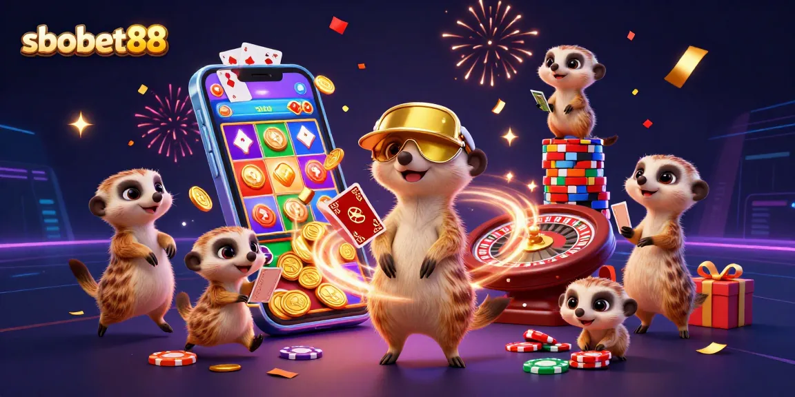 SBObet88 meerkats managing a casino scene filled with games and vibrant colors.