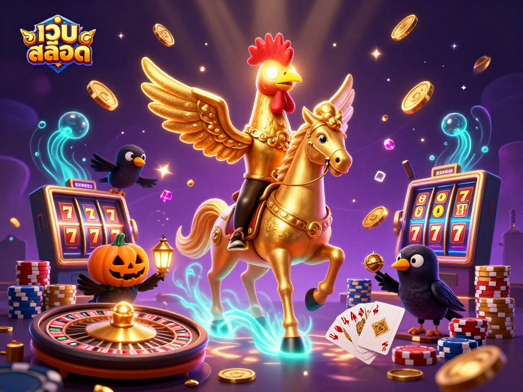 Spin the reels on a เว็บสล็อต adventure with a golden rooster and thrilling casino scenes.