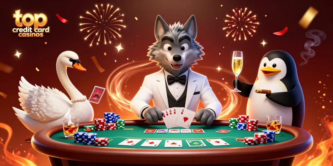 Experience the excitement of top credit card casinos with a debonair wolf, elegant swan, and sophisticated penguin.