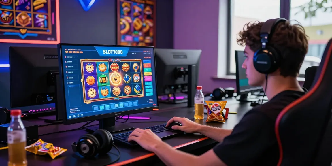 SLOT7000 gaming scene with vibrant slot game interface and gamer engaged.