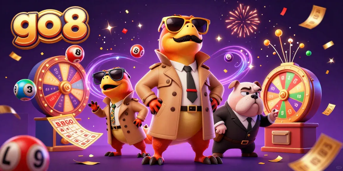 Experience the excitement at go 8 with cartoon raptors trying to enter a VIP casino, surrounded by lottery elements.