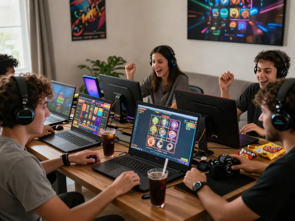 Players enjoying an exciting online slot game at home with vibrant displays and snacks.