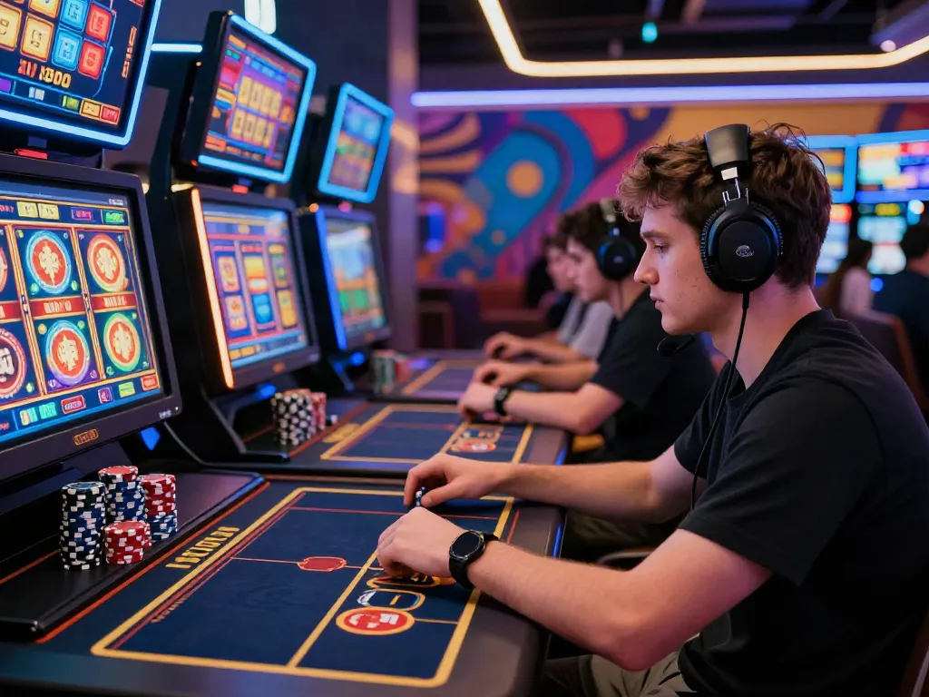 Engaged player in vibrant online gambling scene showcasing akunjp gaming activities.