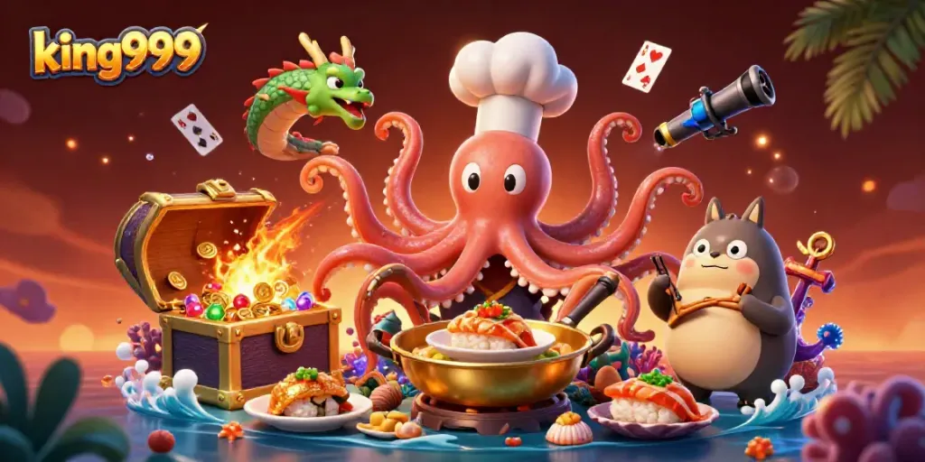 Gambar king999 menunjukkan chef sushi gurita sedang memasak, dikelilingi harta karun laut dan elemen kasino.