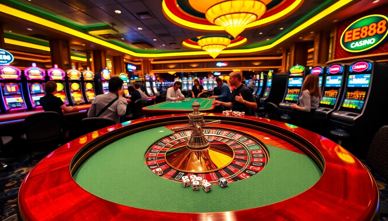 EE88 players enjoying a thrilling roulette game with vibrant chips and dice at a luxurious casino.
