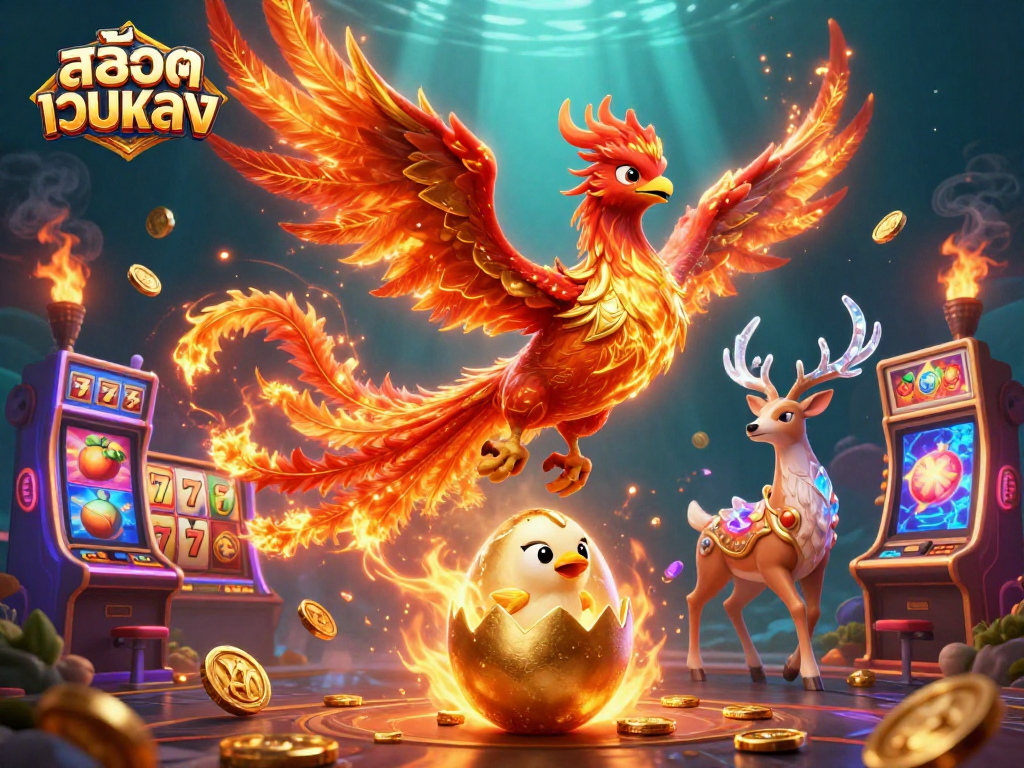Play exciting สล็อตเว็บตรง games with a stunning phoenix and crystal stag in a vibrant casino world.