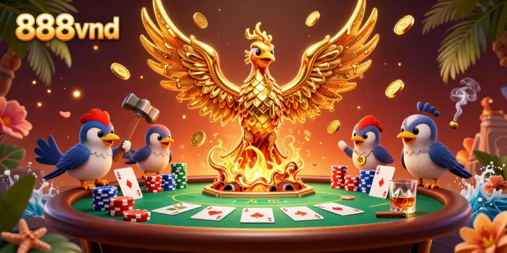 Engage in thrilling moments at 888vnd with a molten golden phoenix and poker elements set in a vibrant casino.