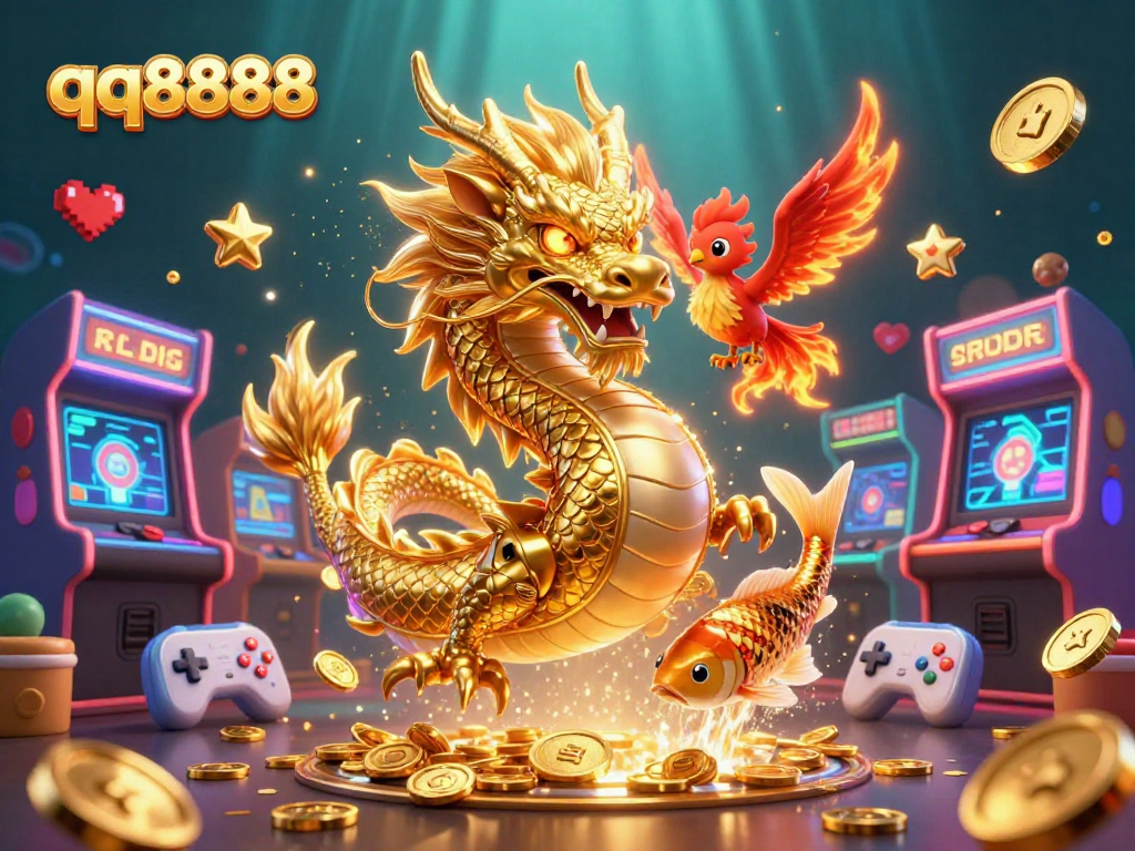 Experience thrilling gameplay at qq8888 with a vibrant casino scene featuring a dragon and phoenix.