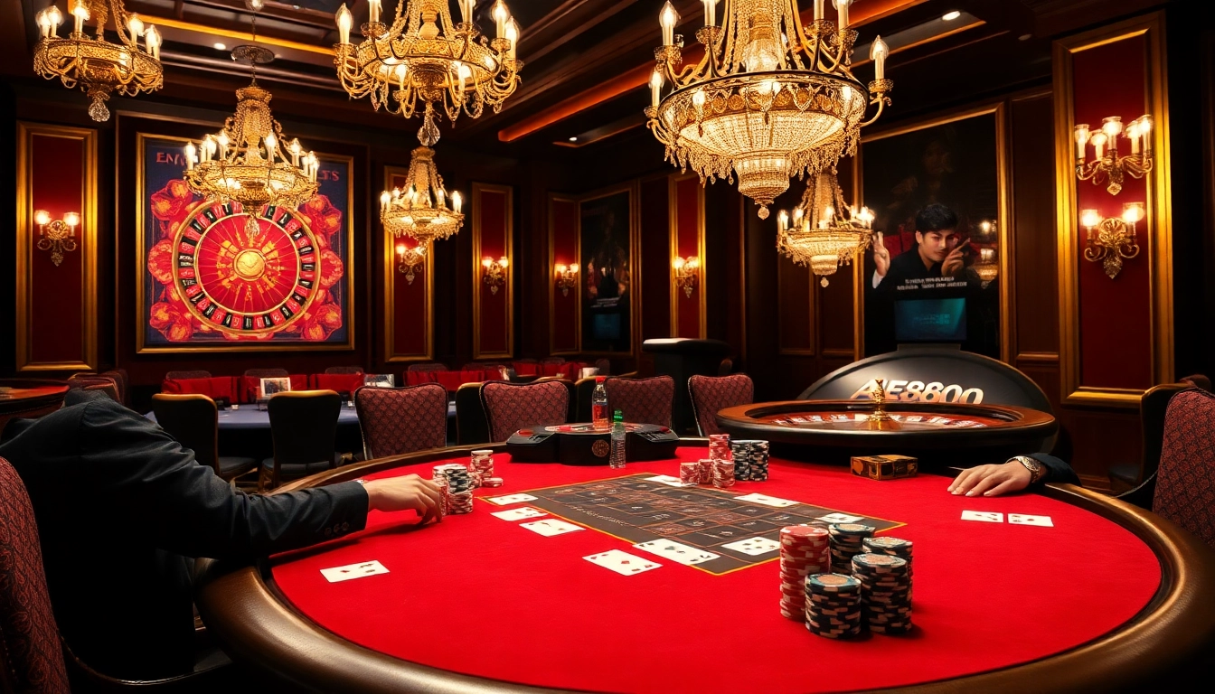 AE888 poker table scene featuring elegant décor and vibrant chips in a luxurious casino setting.