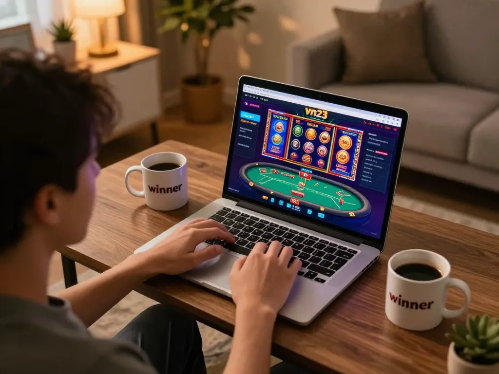 Engaging player exploring vn23 casino platform through laptop while enjoying a cozy home setting