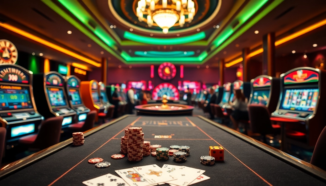 Join the excitement at bong99 with a lavish casino experience featuring poker chips, cards, and roulette.
