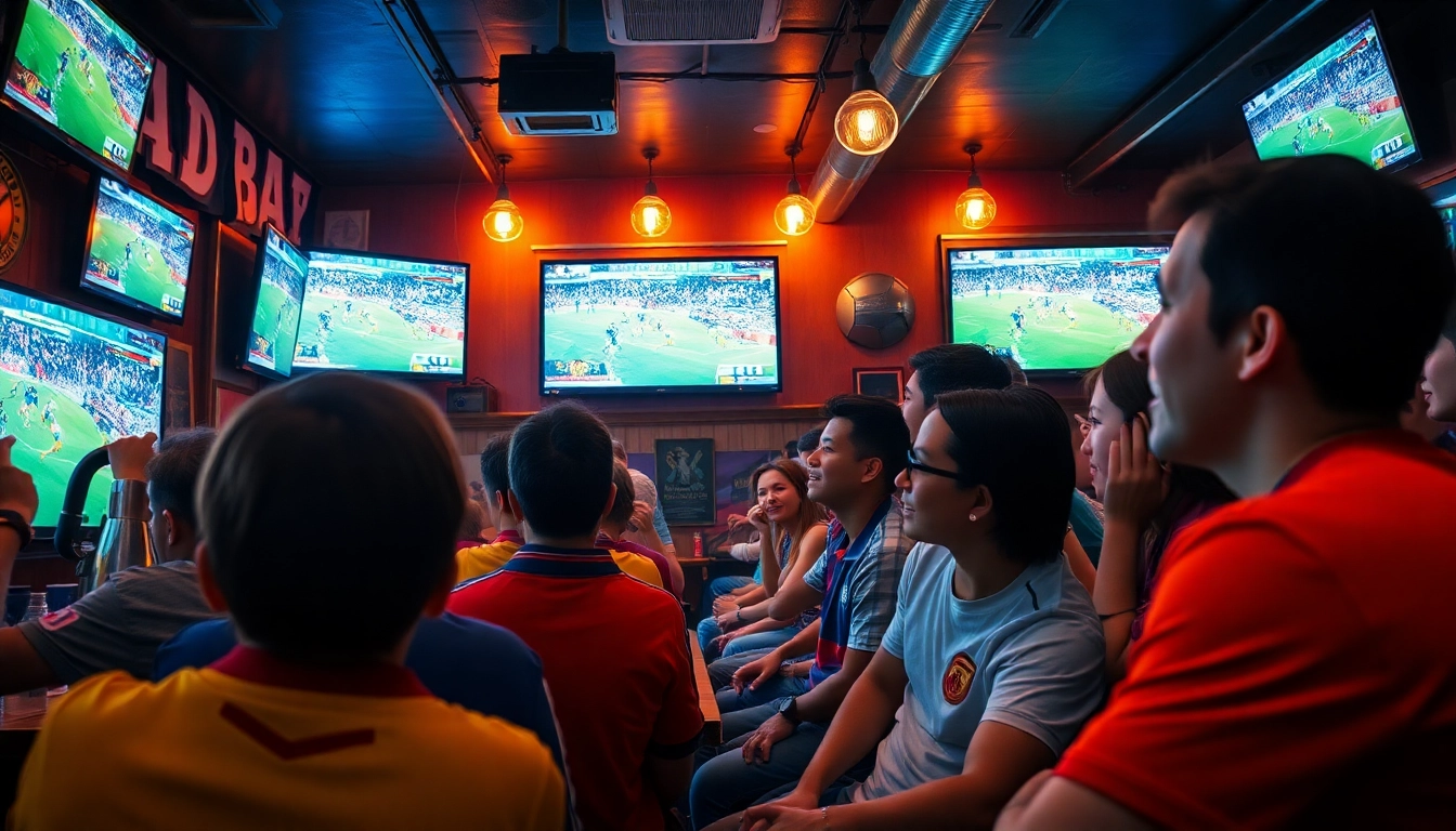 Xem bóng đá hôm nay with fans enjoying live soccer broadcasts in a vibrant sports bar